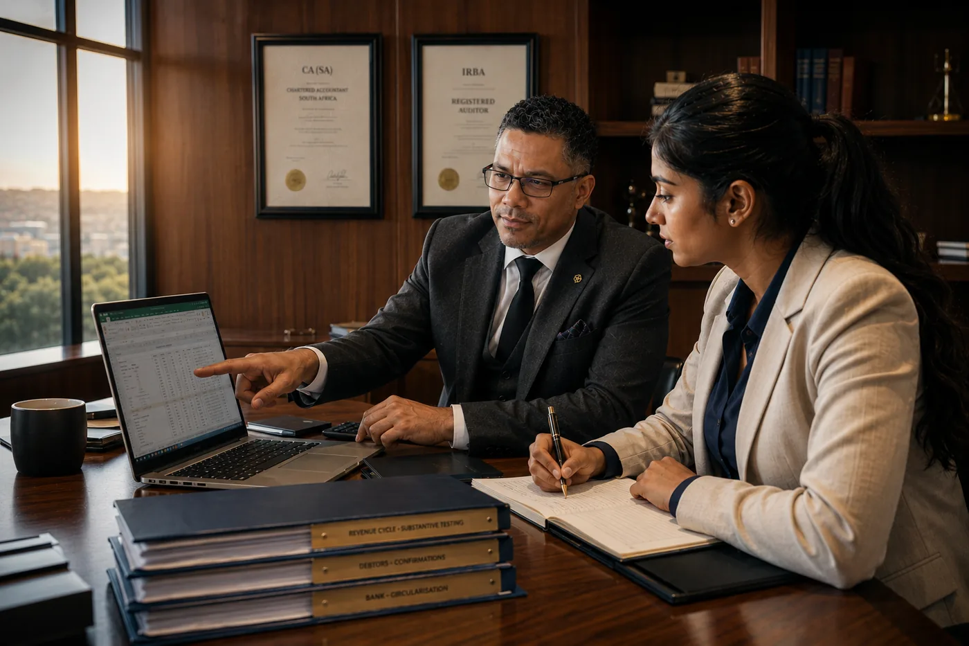 A partner reviewing working papers with a team member